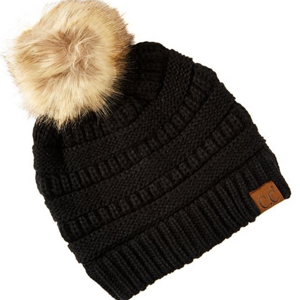 C.C black Pom Pom beanie. Unlined. Brand new with tags.